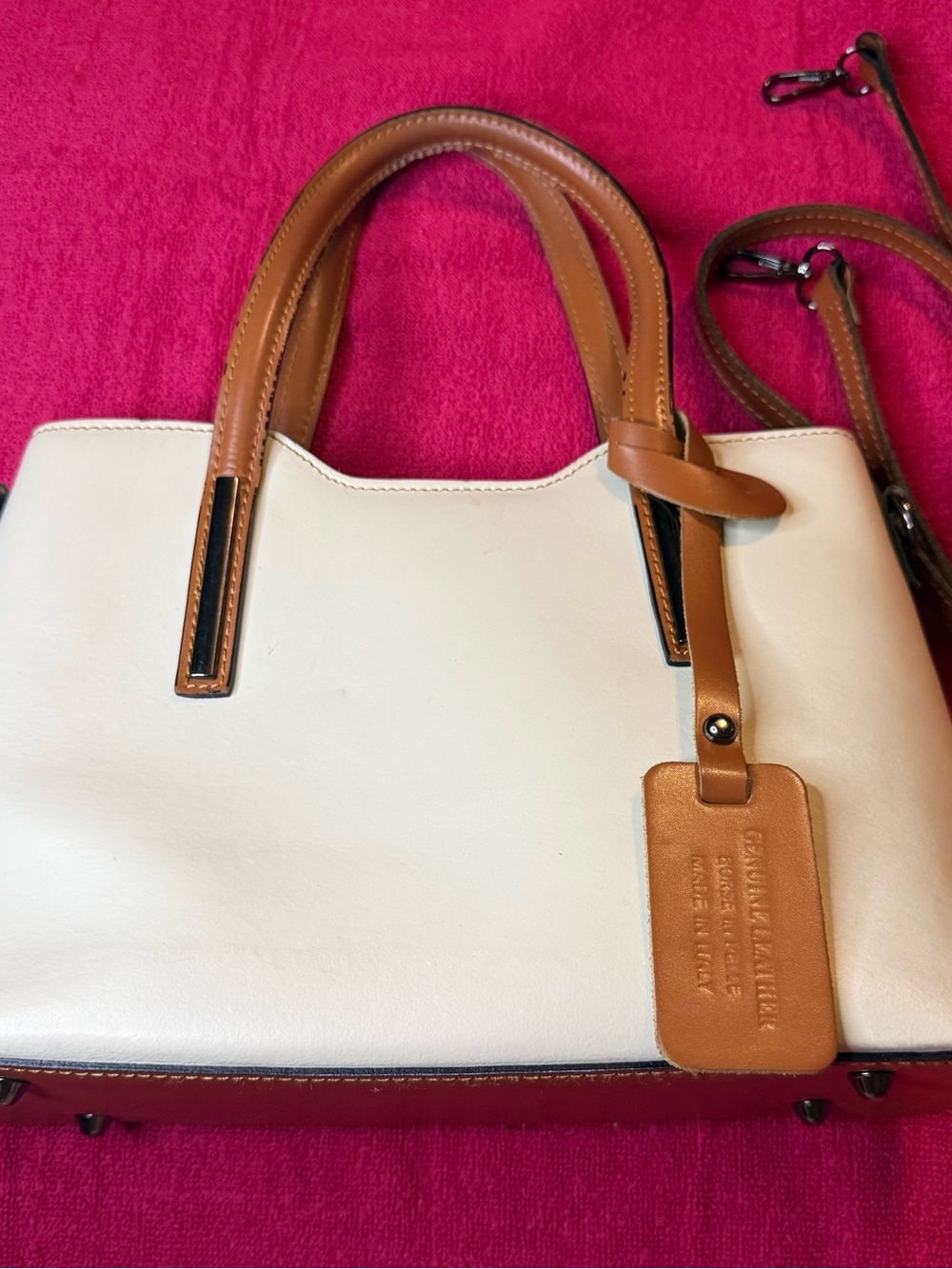 Cream and Tan Women's Satchel with Leather Handles